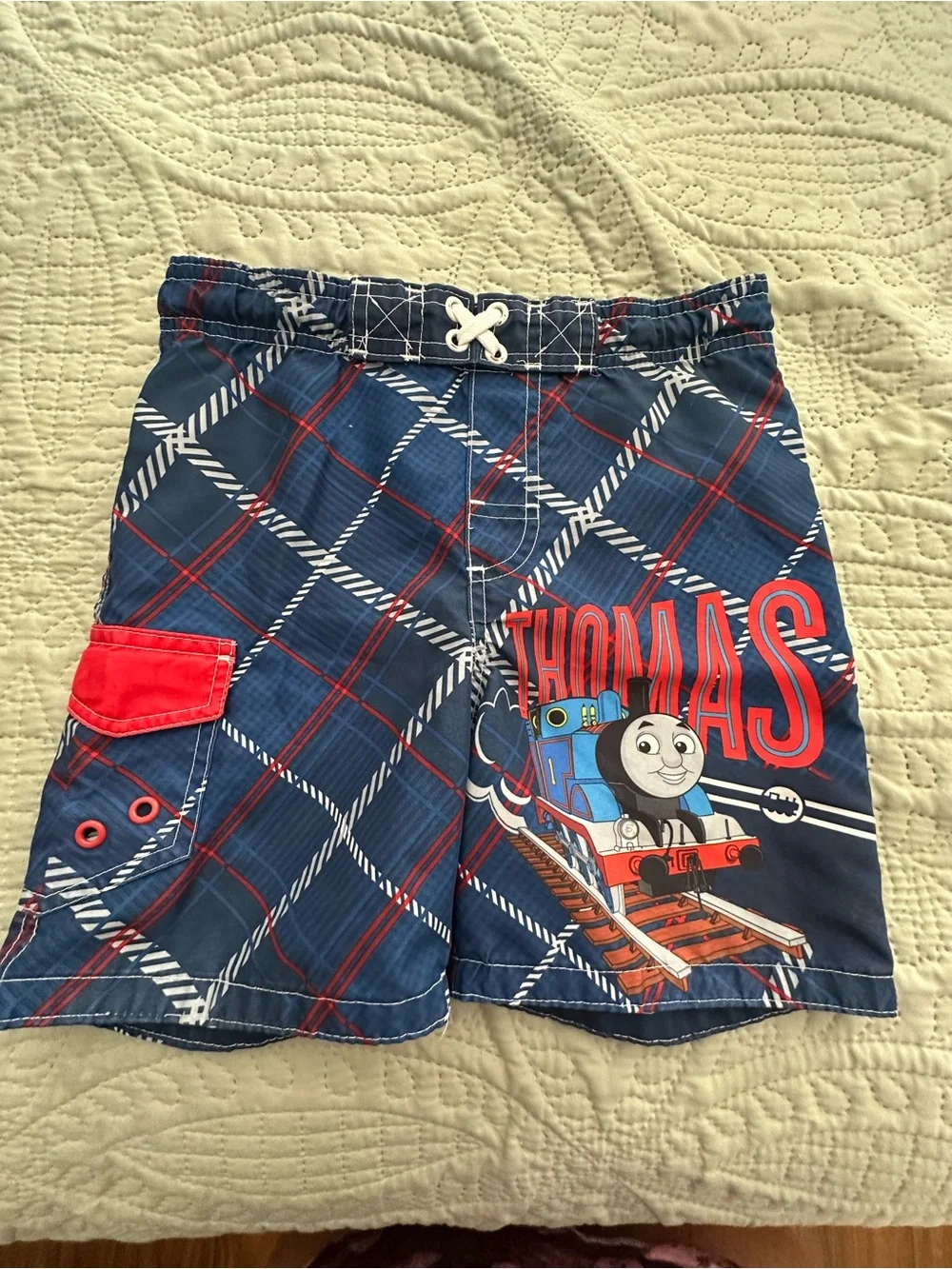 Thomas the Tank Engine Blue Plaid Boys Swim Trunks. 3T